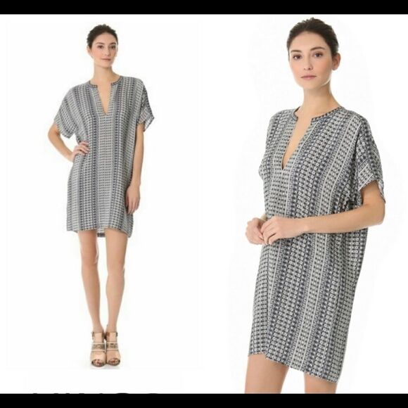 Vince Aztec Silk V-neck Shift Midi Dress - Picture 1 of 9
